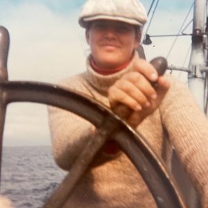 Sarah Fisken on wheel watch sailing south from Alaska.