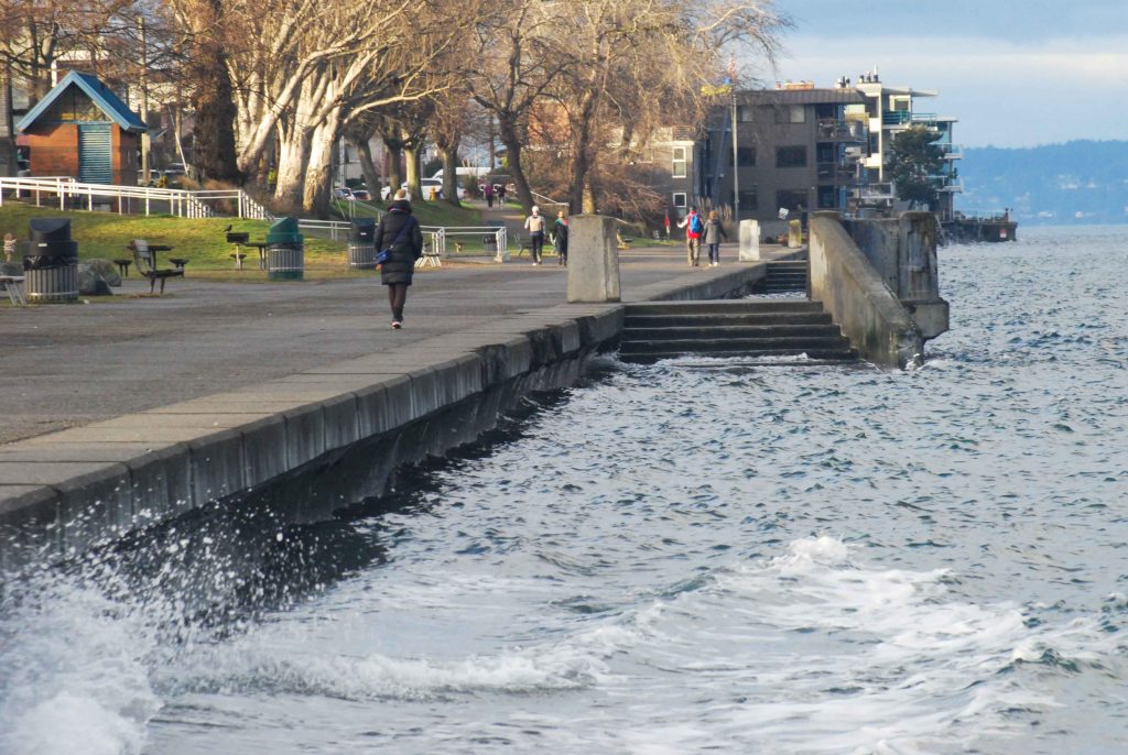 High water due to king tides at Alki Beach in Seattle.
