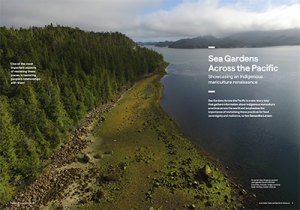 The Sea Gardens Across the Pacific story map page shows the coast of a narrow channel and evergreen trees.
