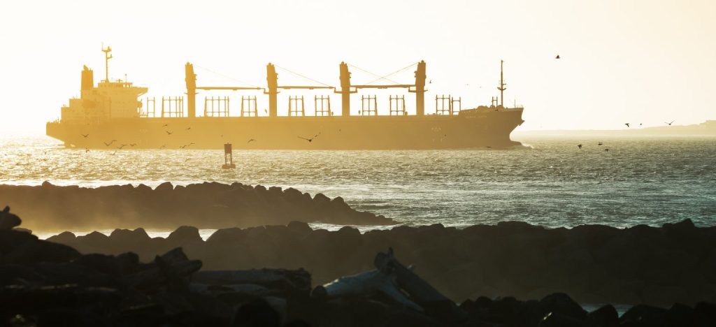 A large ship passes by off the coast of Washington near the Port of Grays Harbor.