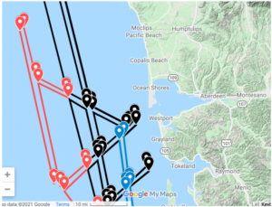 Lanes shown on a map of the coast of Washington and nearby waters.
