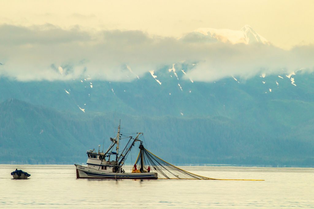 Fishing vessel with net deployed at sea