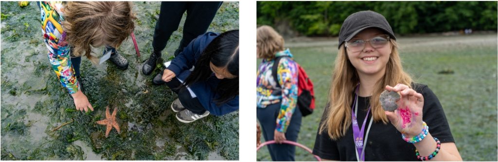 Two images: on the left, children examine a sea star on a beach; on the right, a child smiles at the camera, holding up a sand dollar