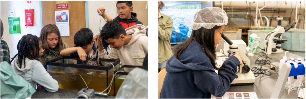 Two images show children testing water quality