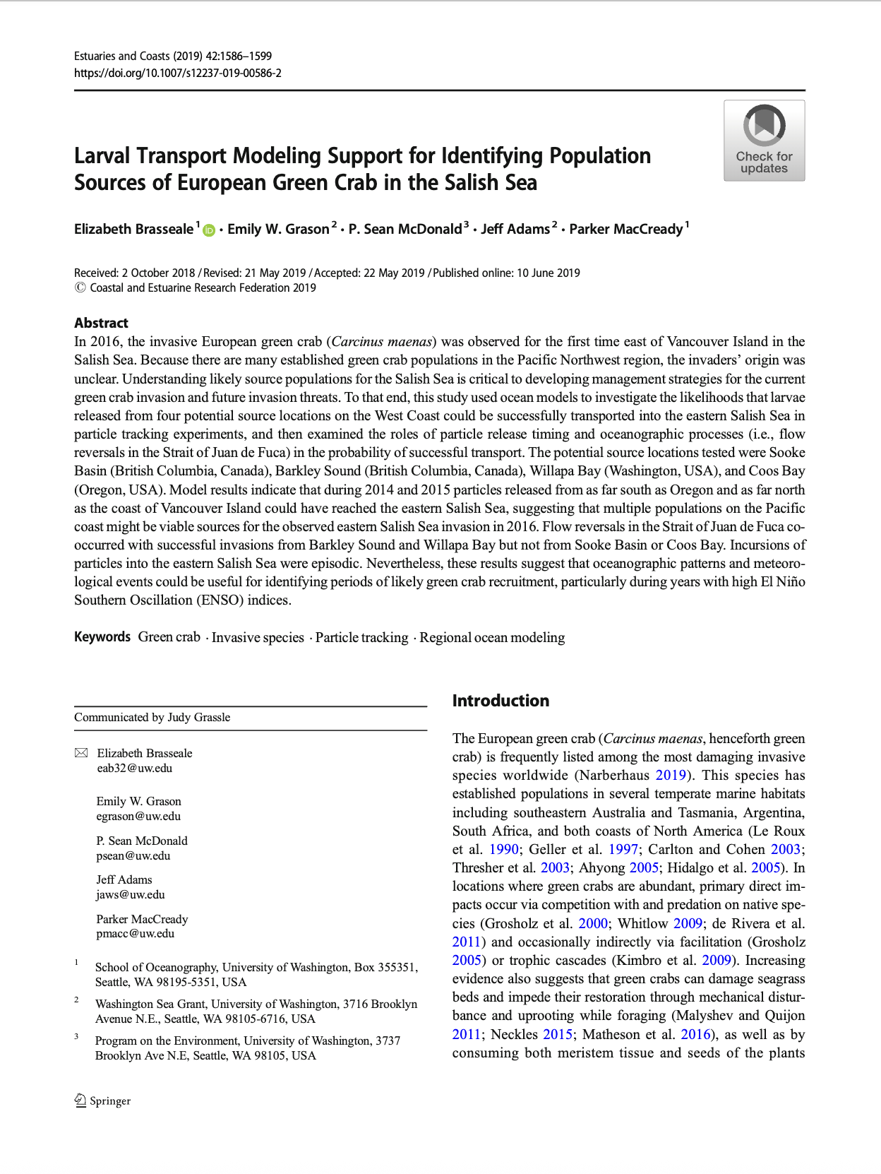Larval transport modeling support for identifying population sources of European green crab in the Salish Sea