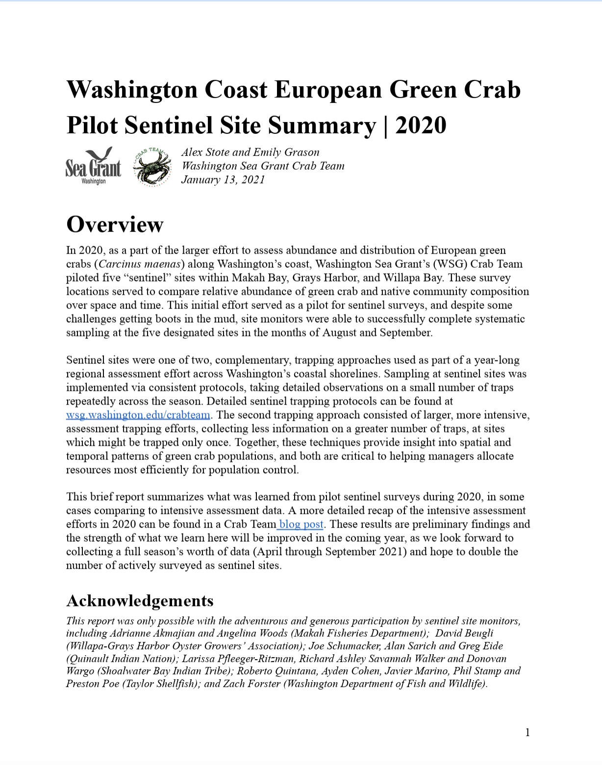2020 Coastal Monitoring Site Summary