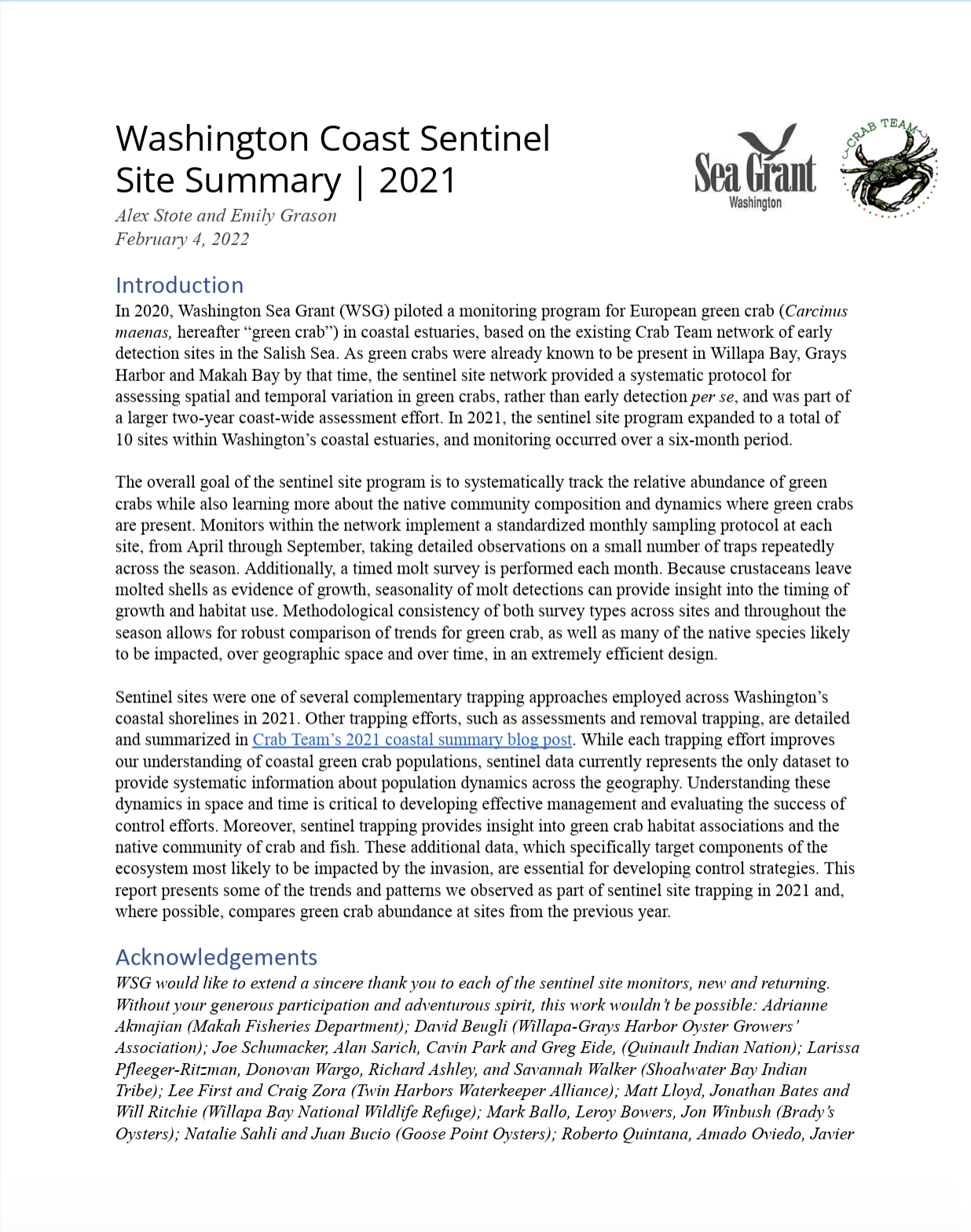 2021 Coastal Monitoring Site Summary