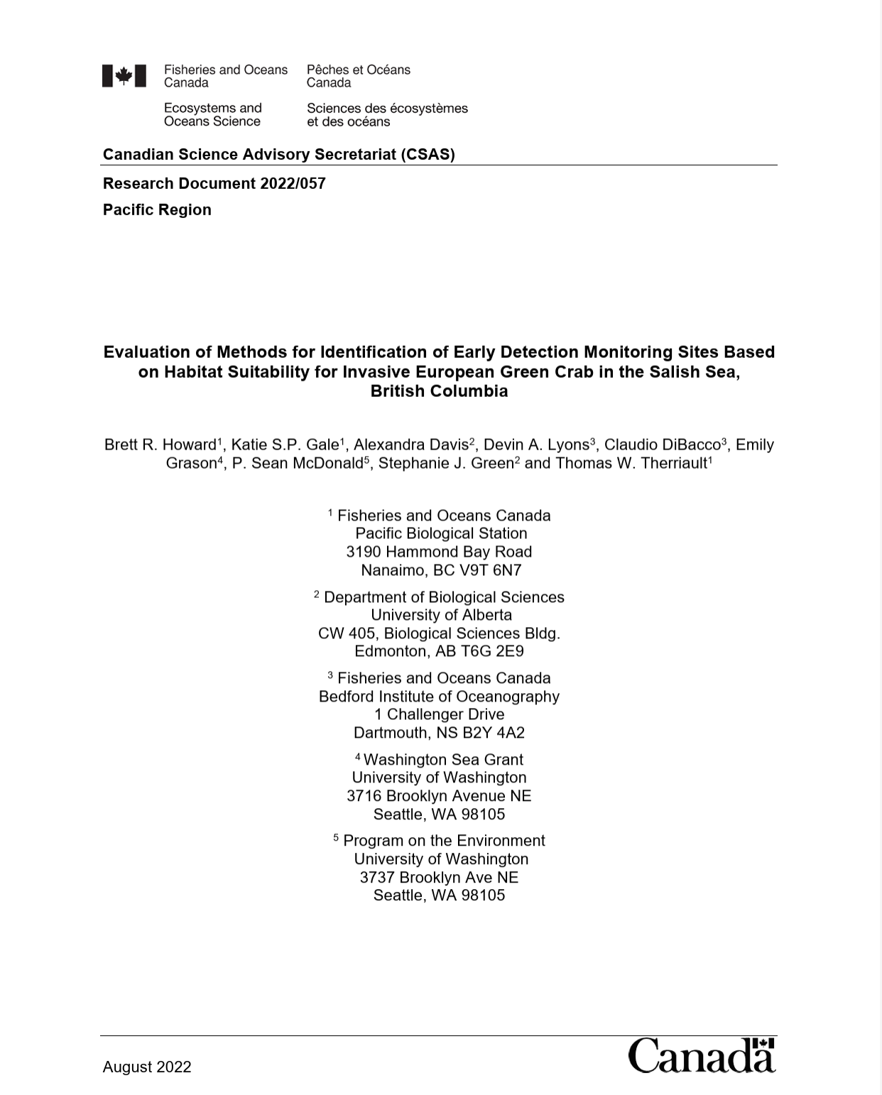 Evaluation of Methods for Identification of Early Detection Monitoring Sites Based on Habitat Suitability for Invasive European Green Crab in the Salish Sea, British Columbia