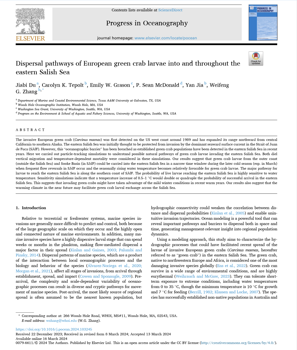 Dispersal Pathways of European Green Crab Larvae into and throughout the Eastern Salish Sea
