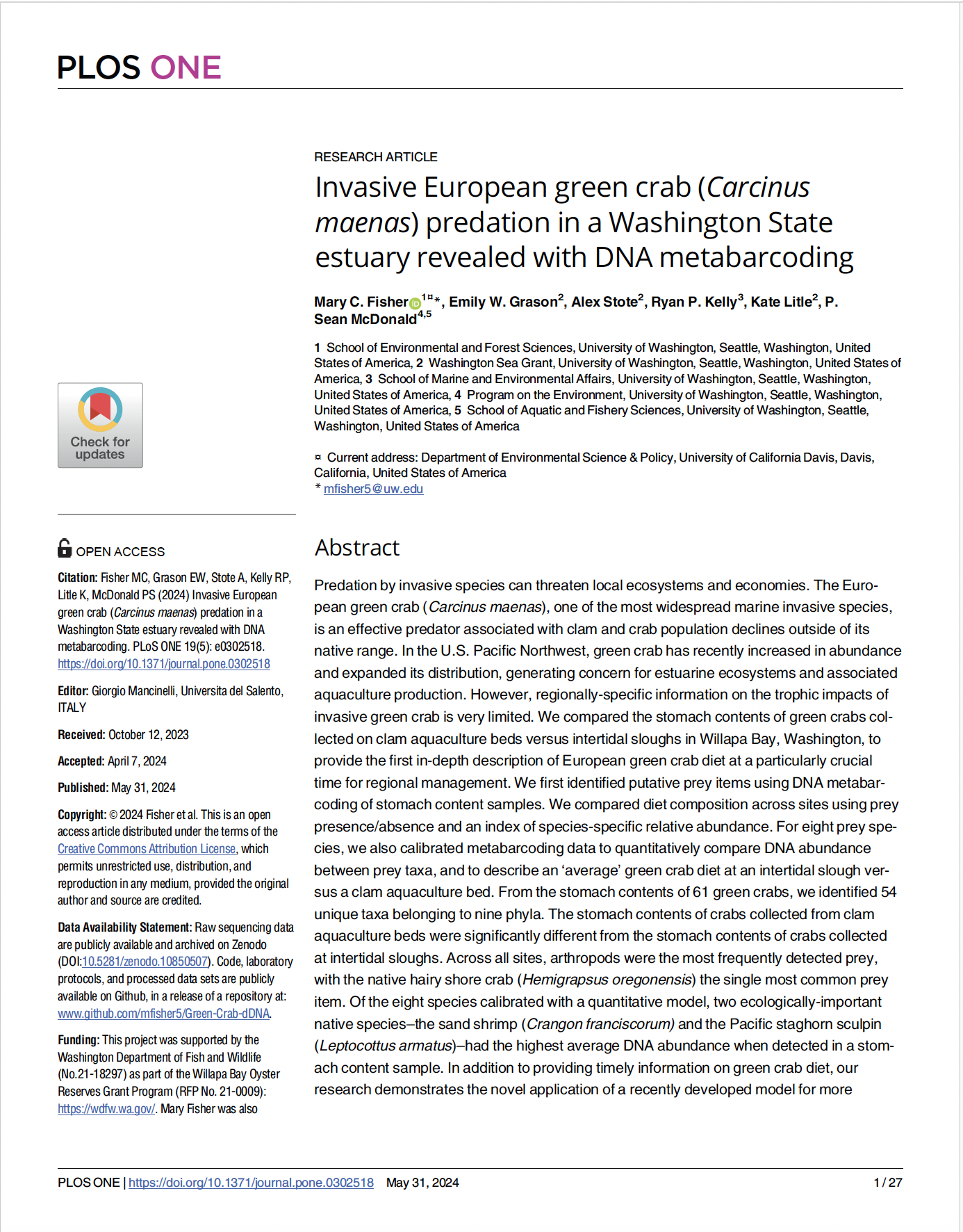 Invasive European green crab (Carcinus maenas) predation in a Washington State estuary revealed with DNA metabarcoding