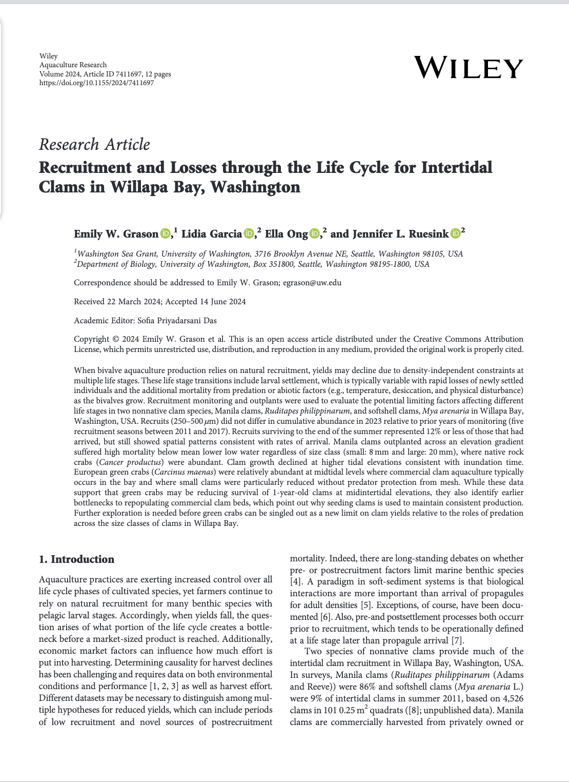 Recruitment and Losses through the Life Cycle for Intertidal Clams in Willapa Bay, Washington
