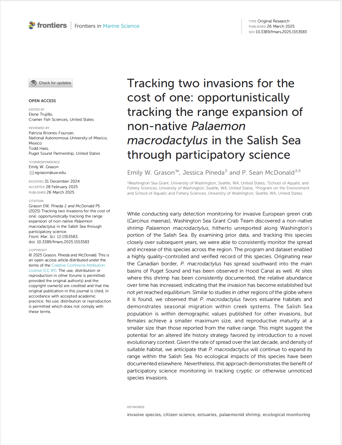 Tracking two invasions for the cost of one: opportunistically tracking the range expansion of non-native Palaemon macrodactylus in the Salish Sea through participatory science
