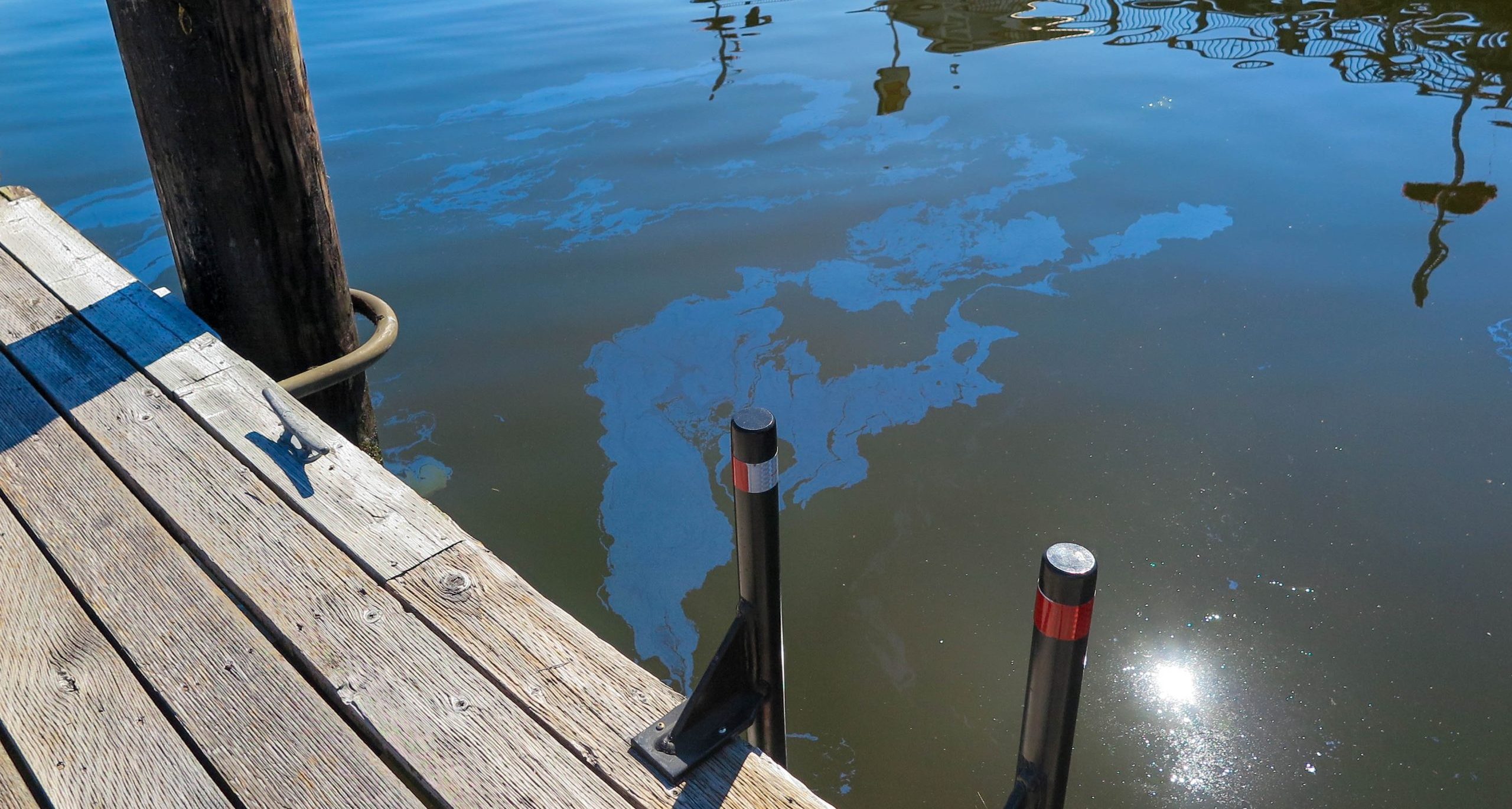 Small oil spill in the water by the dock