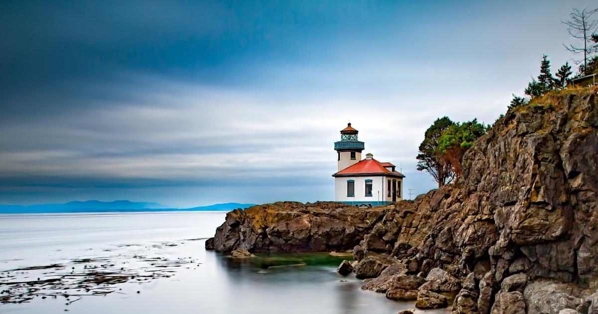 Light house by the shoreline in Line Kiln State Park, San Juan Island, Washington