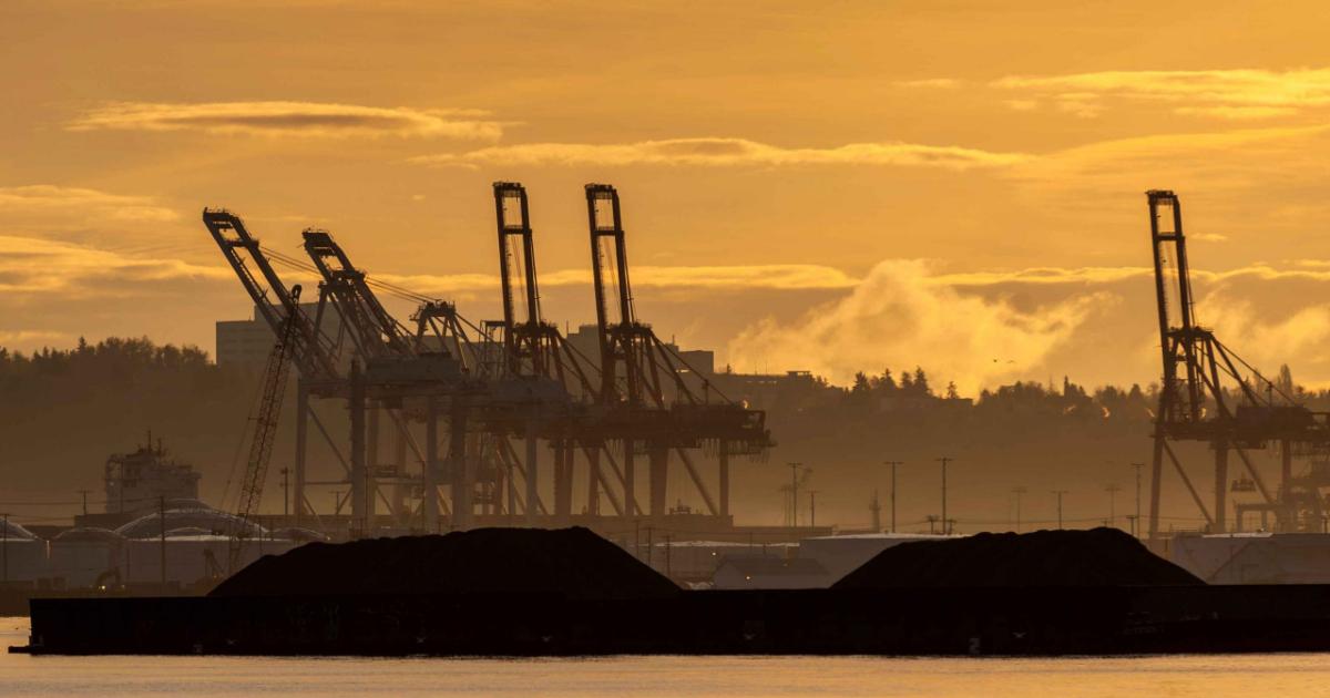 Large ship-to-shore gantry cranes are silhouetted against the morning sky.