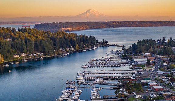 High level view of marina and mountains in the back