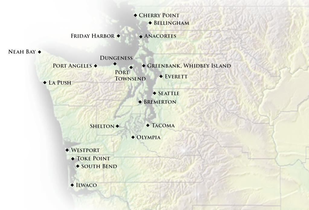 Map of western Washington. Locations where king tide data is available are marked on the map.