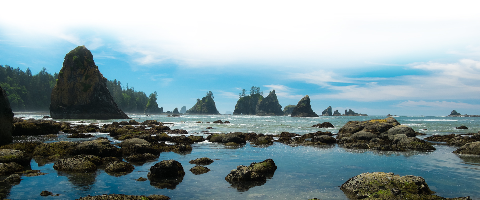 Blue skies over the rocky beach