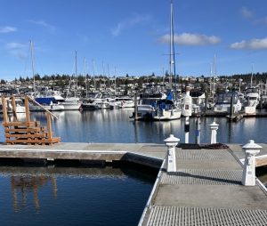 Floating dock in the Anacortes Skyline Marina Center, with boats in the background. 